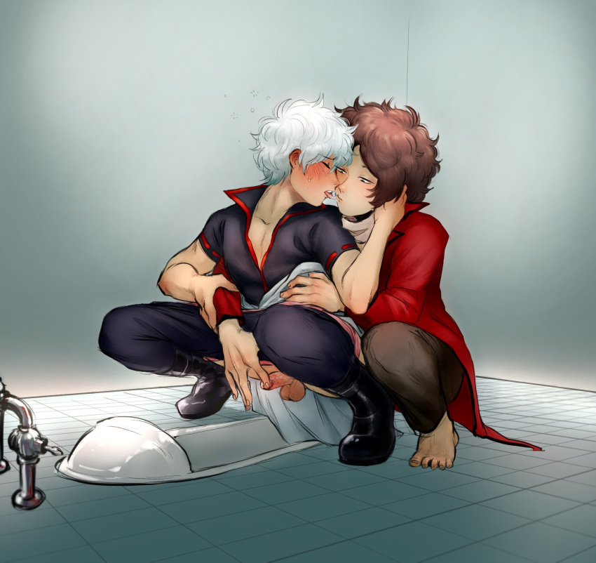 2boys alternate_version_available arm_grab barefoot bathroom bathroom_stall blush brown_hair curly_hair erection from_behind gay gintama gintoki_sakata japanese_clothes licking male male_only mostly_clothed niichan penis penis_out public_restroom sakamoto_tatsuma silver_hair small_penis squat_toilet squatting sweat toilet toilet_stall touching_penis uncensored waist_grab yaoi