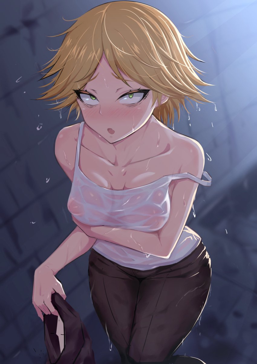 :o arm_under_breasts bangs bare_shoulders black_pants blonde_hair blush breasts collarbone covered_nipples female gloves green_eyes highres looking_at_viewer medium_breasts neia_baraja no_bra nose_blush oerba_yun_fang overlord_(maruyama) pants parted_bangs ruberule rubewe sanpaku see-through see-through_shirt short_hair skin_fang solo wet wet_clothes