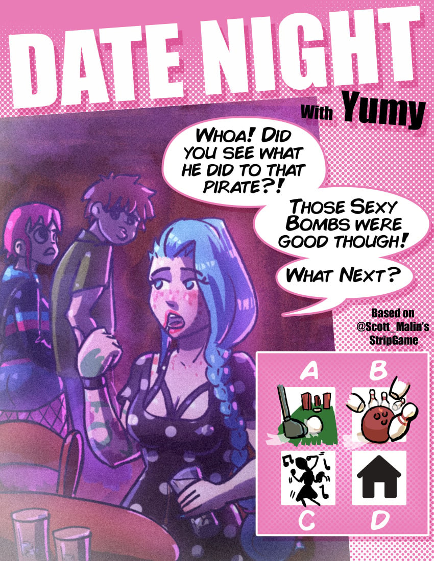 black_dress blue_eyes blue_hair date dating distracted_boyfriend freckles_on_arms maximaldraws pierced_lip piercing piercings ramona_flowers scott_pilgrim side_cut sidecut tattoo tattooed_arm tattooed_chest tattoos yumy_koli