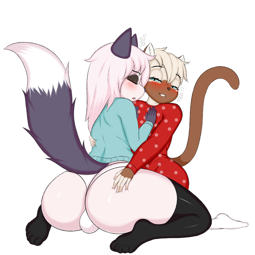 1:1 akukun alice_(greedmasterh) anthro arctic_fox ass bedroom_eyes big_butt blush bulge butt_grab canid canine closed_eyes clothed clothing domestic_cat drunk duo felid feline felis fluffy fluffy_tail fox girly hair half-closed_eyes hand_on_butt hi_res latex_stockings legwear looking_at_viewer male male/male mammal narrowed_eyes open_mouth pajamas panties panties_bulge pizzakittynyan raised_tail seductive simple_background sleeping smile substance_intoxication thick_thighs thigh_highs underwear