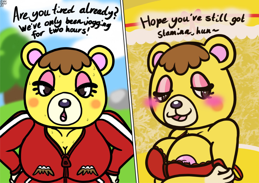 animal_crossing big_breasts breasts brokenrekordbro brown_hair cleavage female nintendo nipples tammy_(animal_crossing) yellow_fur