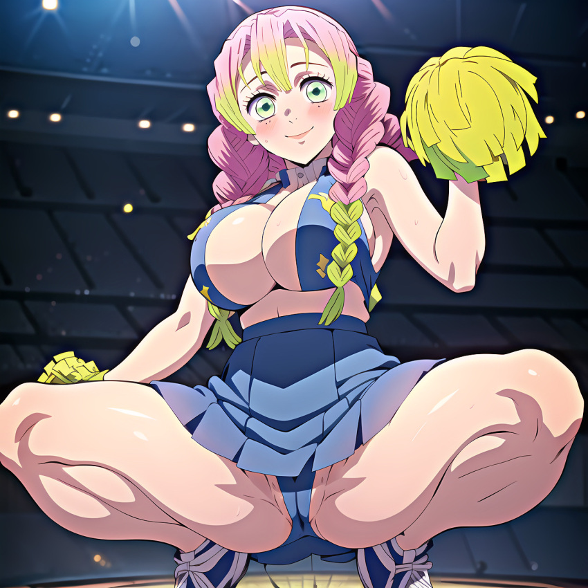 ai_generated big_breasts braid braided_hair braids breasts cheerleader cheerleader_outfit cheerleader_uniform demon_slayer green_eyes green_hair kanroji_mitsuri kimetsu_no_yaiba multicolored_hair pink_hair tbaanime two_tone_hair