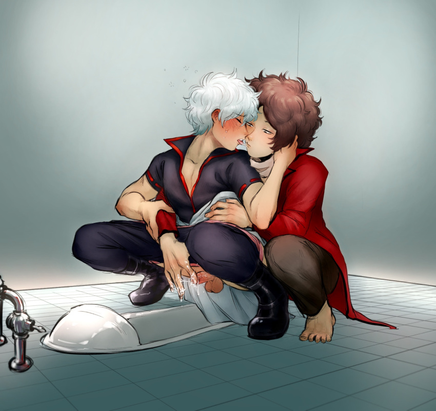 2boys alternate_version_available arm_grab barefoot bathroom bathroom_stall blush brown_hair cum cum_on_hand cum_on_penis curly_hair drunk erection from_behind gay gintama gintoki_sakata japanese_clothes licking male male_only mostly_clothed niichan penis penis_out precum public_restroom sakamoto_tatsuma silver_hair small_penis squat_toilet squatting sweat toilet toilet_stall touching_penis uncensored waist_grab yaoi