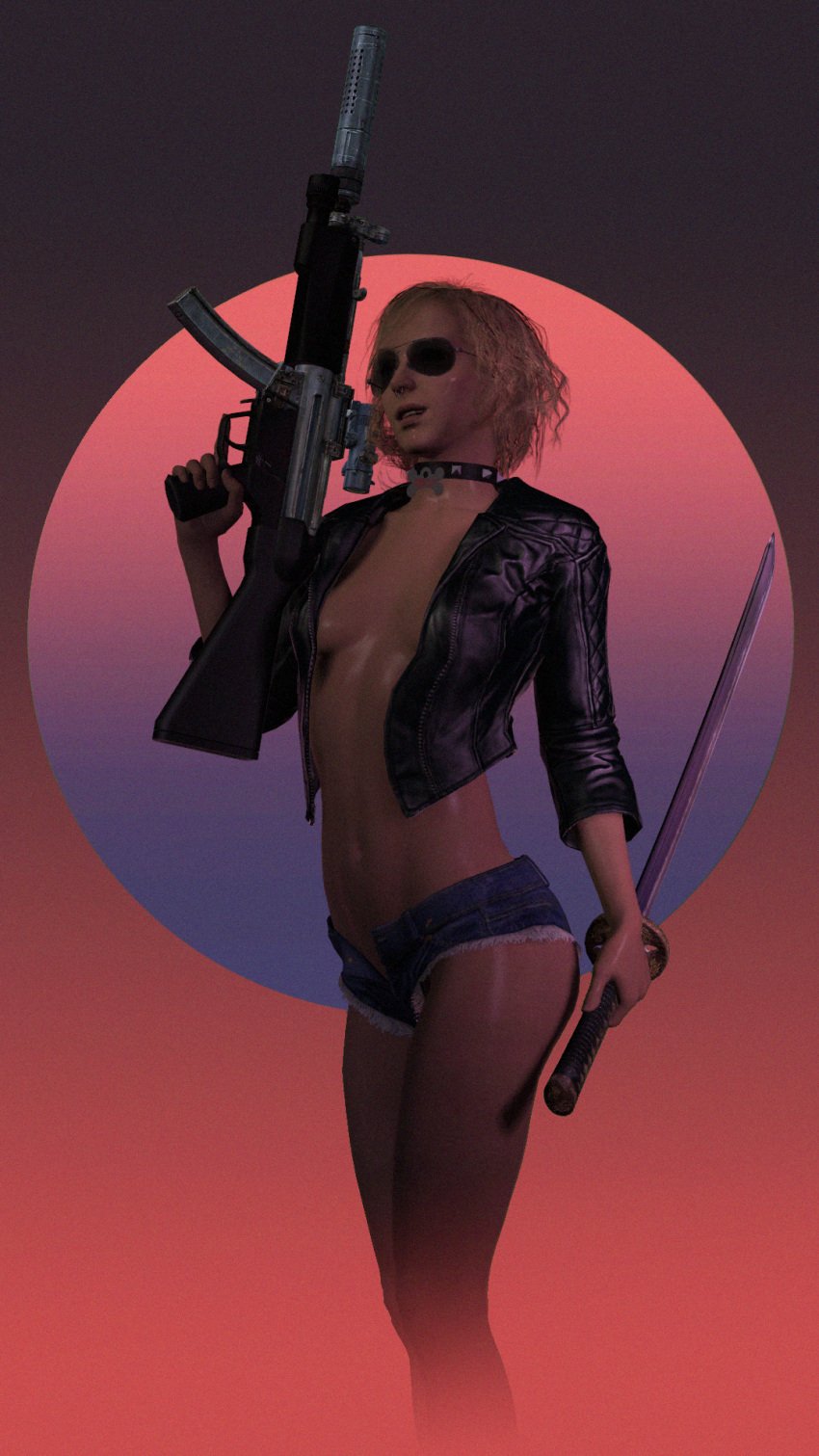 3d 3d_(artwork) assault_rifle aviator_sunglasses belly_button blonde_hair collar collar_tag curly_hair fretka_soup gun hotpants katana leather_jacket metal_gear_(series) metal_gear_solid metal_gear_solid_v paz_ortega_andrade petite pose posing skimpy skimpy_clothes sunglasses suppressor sword tinted_eyewear