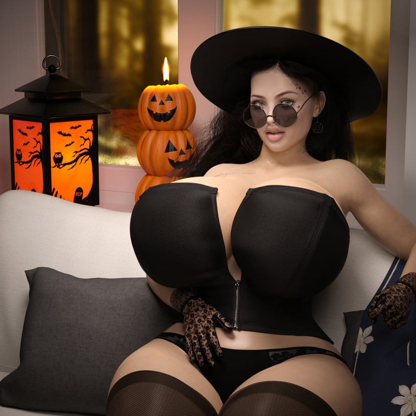 3d bimbo_lips black_clothing black_eyebrows black_eyelashes black_glasses black_gloves black_hair black_hat black_panties black_stockings breasts clothes decoration female green_eyes halloween huge_breasts jack-o'-lantern lantern lingerie looking_at_viewer nature_background outdoors pillow pillows pumpkin rev2019 sitting sitting_on_couch solo thick thick_lips thick_thighs touching_pussy voluptuous voluptuous_female white_couch