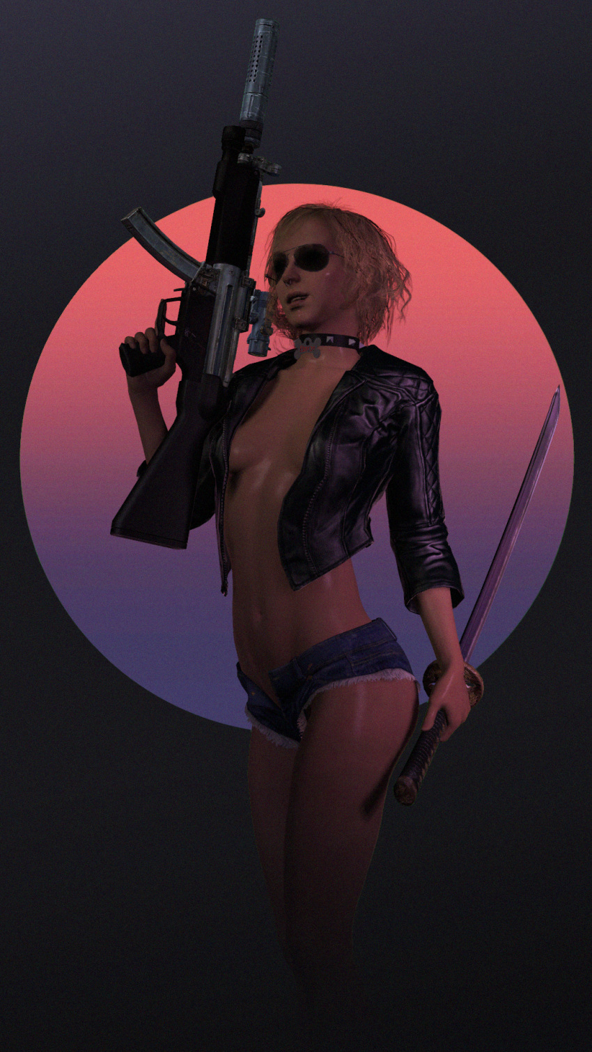 3d 3d_(artwork) aviator_sunglasses belly_button blonde_hair collar collar_tag curly_hair fretka_soup gun hotpants katana leather_jacket metal_gear_(series) metal_gear_solid metal_gear_solid_v paz_ortega_andrade petite pose posing skimpy skimpy_clothes sub_machinegun sunglasses suppressor sword tinted_eyewear