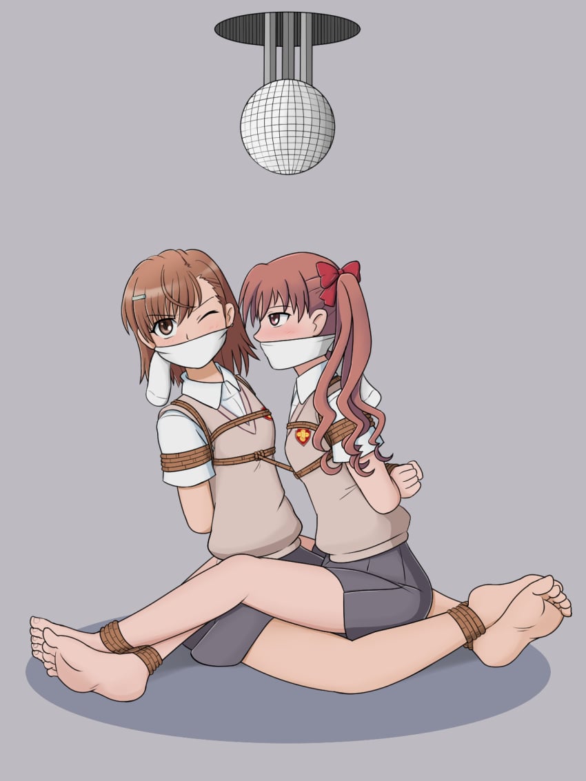 2020 2020s 2girls arms_behind_back barefoot blush bondage brown_hair cloth_gag feet feet_tied female femsub full_body gag grey_background hi_res legs_tied misaka_mikoto mrgagfoot multiple_girls multiple_subs rope rope_bondage rope_harness school_uniform schoolgirl shirai_kuroko socks teenage_girl teenager tied to_aru_kagaku_no_railgun tokiwadai_school_uniform young