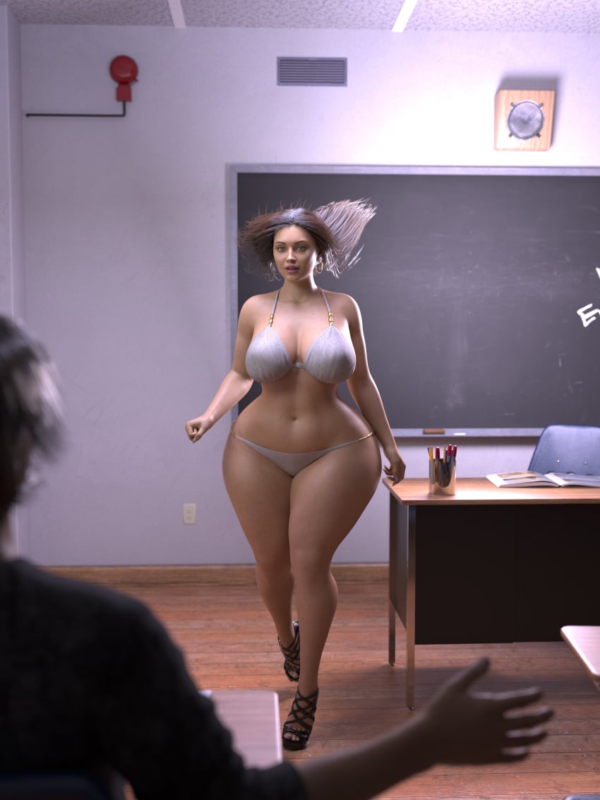 black_shoes book bra brown_hair chalkboard character_in_background character_off_screen child_bearing_hips classroom desk earrings female green_eyes high_heels hoop_earrings huge_ass huge_breasts large_ass large_breasts panties pencil pencil_holder rev2019 sidescreen_character teacher thick_thighs thin_waist voluptuous voluptuous_female walking walking_towards_viewer white_bra white_panties wide_hips