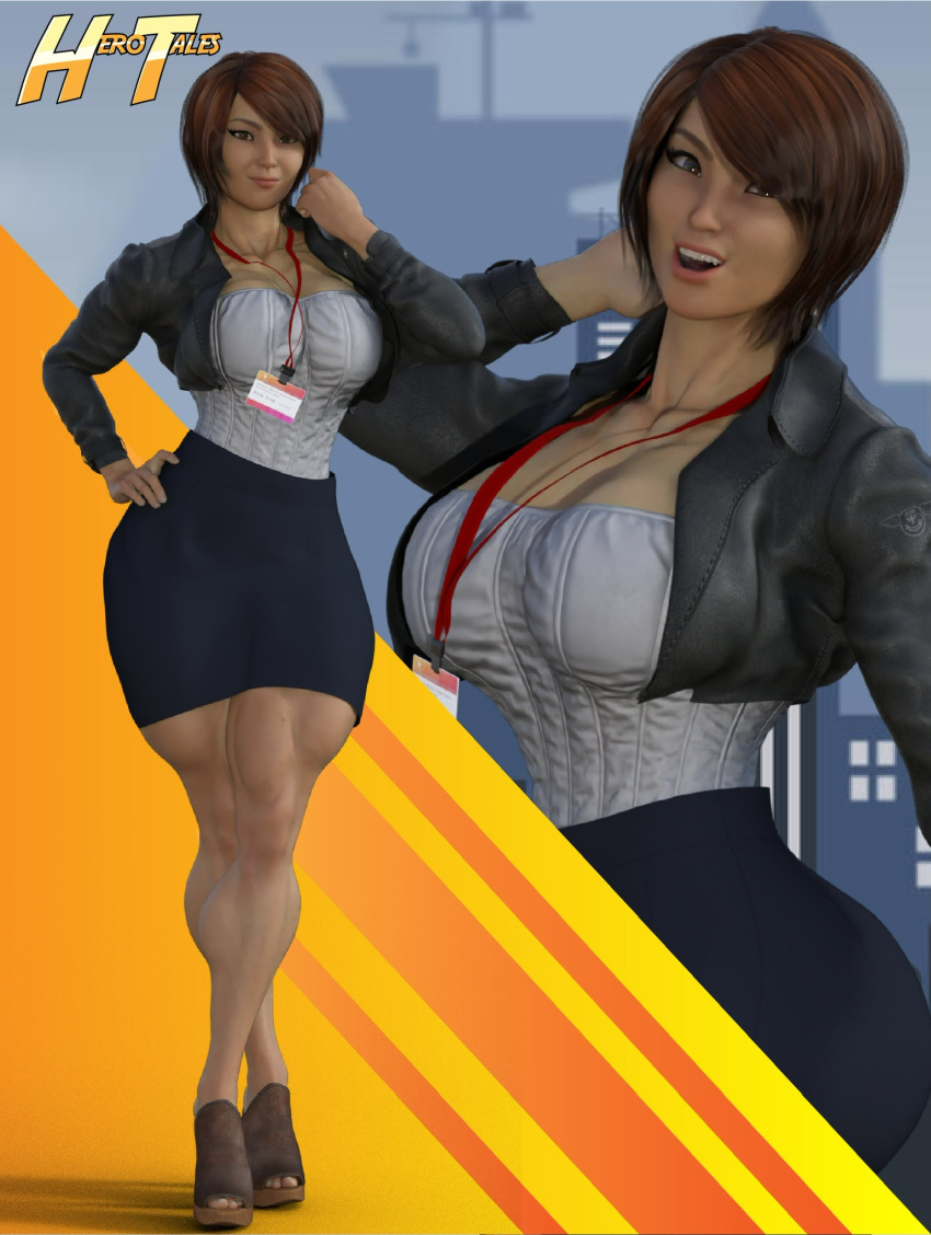 1girls 3d asian asian_female athletic athletic_female bsgstudio character_sheet female female_only fit_female hero_tales hourglass_figure large_ass large_breasts lois_cho muscular muscular_female muscular_thighs reporter skirt solo thebsgguy thick_thighs