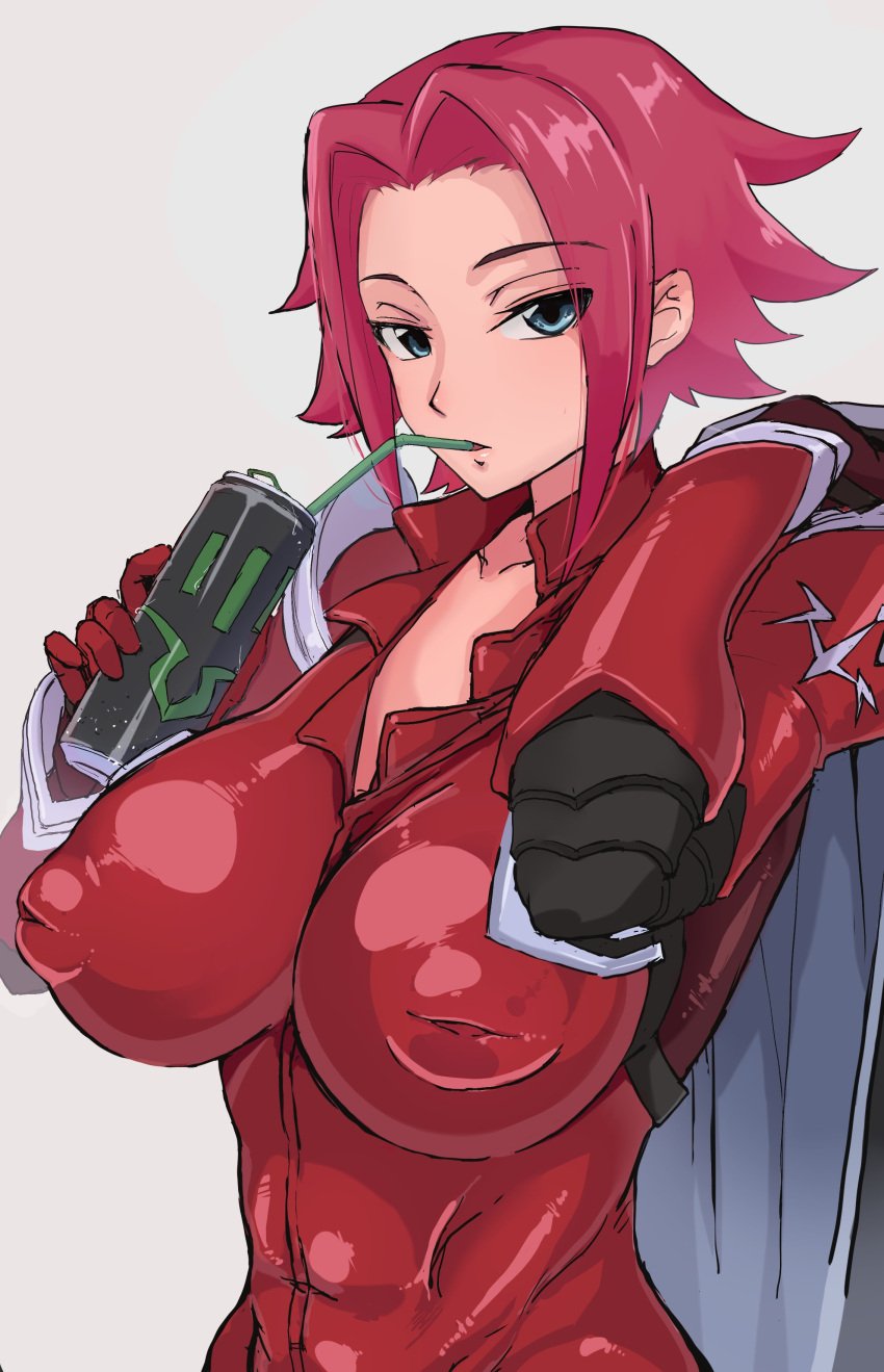 blue_eyes breasts can code_geass drinking drinking_straw female inverted_nipples kallen_stadtfeld large_breasts looking_at_viewer red_hair shirabe_shiki simple_background white_background