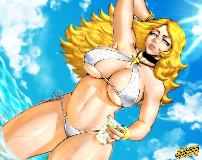 1girls absurd_res artist_name big_lips bikini blonde_hair blue_eyes capcom choker cleavage curvaceous hi_res kolin large_breasts long_hair navel outdoors puffy_lips spunkyramaz street_fighter street_fighter_v swimsuit thick_thighs water white_bikini wide_hips