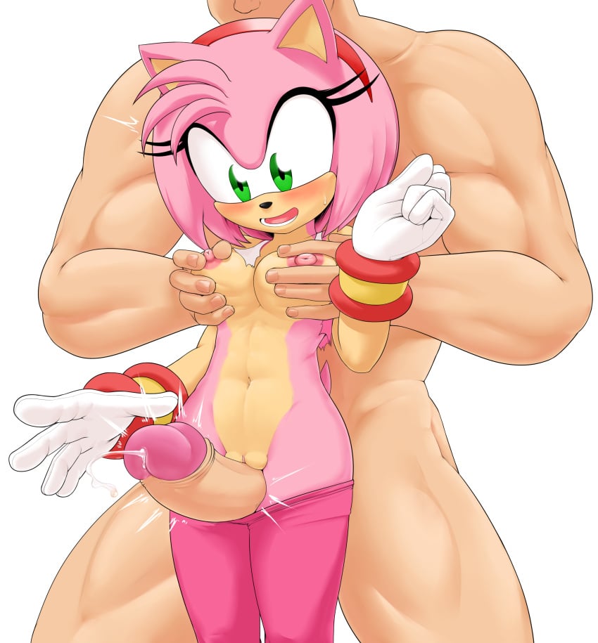 2022 5_fingers absurdres amy_rose anthro areola black_nose blush bodily_fluids breasts duo eulipotyphlan eyelashes female fingers furry genital_fluids genitals green_eyes hedgehog highres human human_on_anthro humanoid_genitalia humanoid_penis interspecies male male_human/female_anthro mammal nipples penis penis_awe precum redboard sega simple_background solo_focus sonic_(series) sonic_riders straight thigh_sex white_background