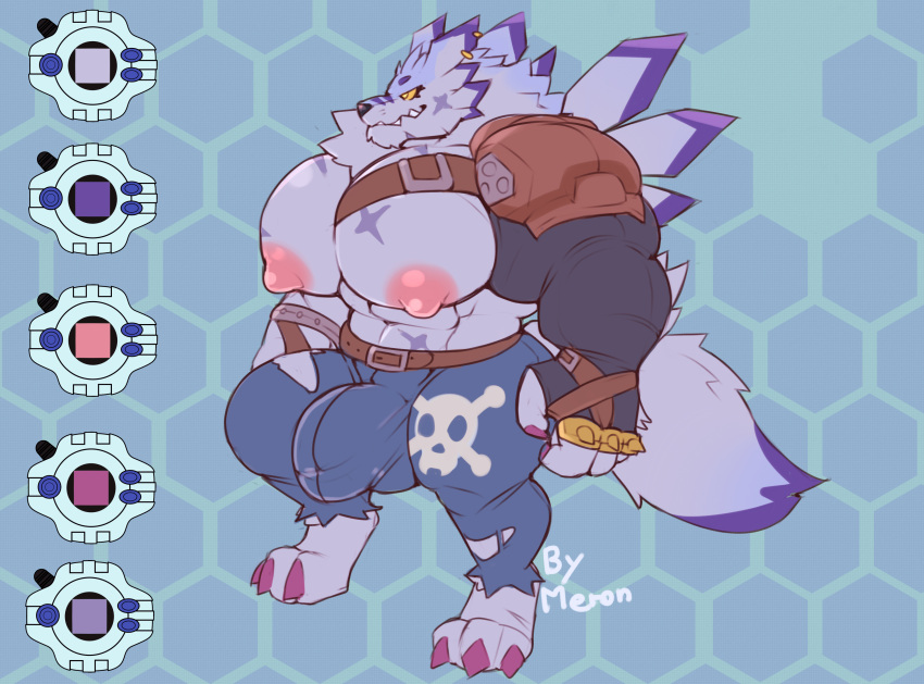 2021 3_toes 4_fingers abs absurd_res anthro areola armor bandai_namco belt biceps big_muscles big_pecs big_penis biped bottomwear brass_knuckles bulge canid canine claws clothed clothing colored denim denim_clothing detailed_bulge digimon digimon_(species) digital_drawing_(artwork) digital_media_(artwork) digitigrade digivice ear_piercing english_text feet fingers fur genital_outline genitals hair hi_res himbo jeans male mammal melee_weapon merong model_sheet muscular muscular_anthro muscular_male nipples pants pauldron paws pecs penis penis_outline piercing purple_claws scar signature simple_background skull_and_crossbones smile smirk solo standing teeth text toe_claws toes topwear video_games weapon weregarurumon yellow_eyes yellow_sclera