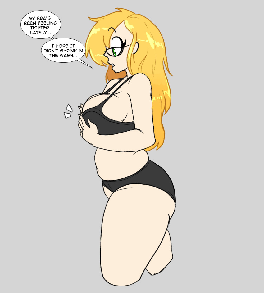 1girls 2022 big_breasts breast_hold breasts daisy_(juice_inyoureye) female glasses green_eyes grey_background juice_inyoureye(artist) long_hair tagme thick_thighs thigh_up underwear_only yellow_hair