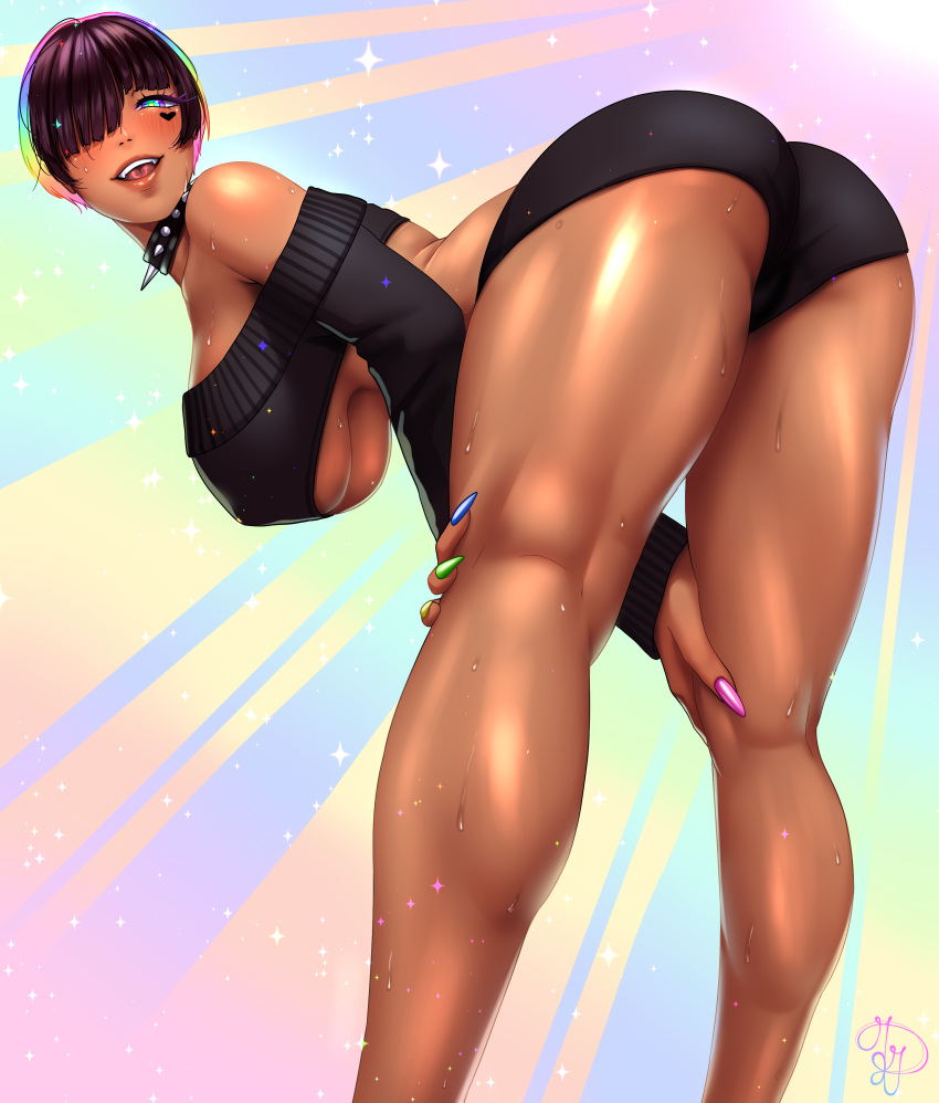 1girls ass berserk big_breasts black_hair breasts casca dark-skinned_female dark_skin female female_only gessegordan human short_hair shorts solo thick_thighs tomboy underboob very_short_hair