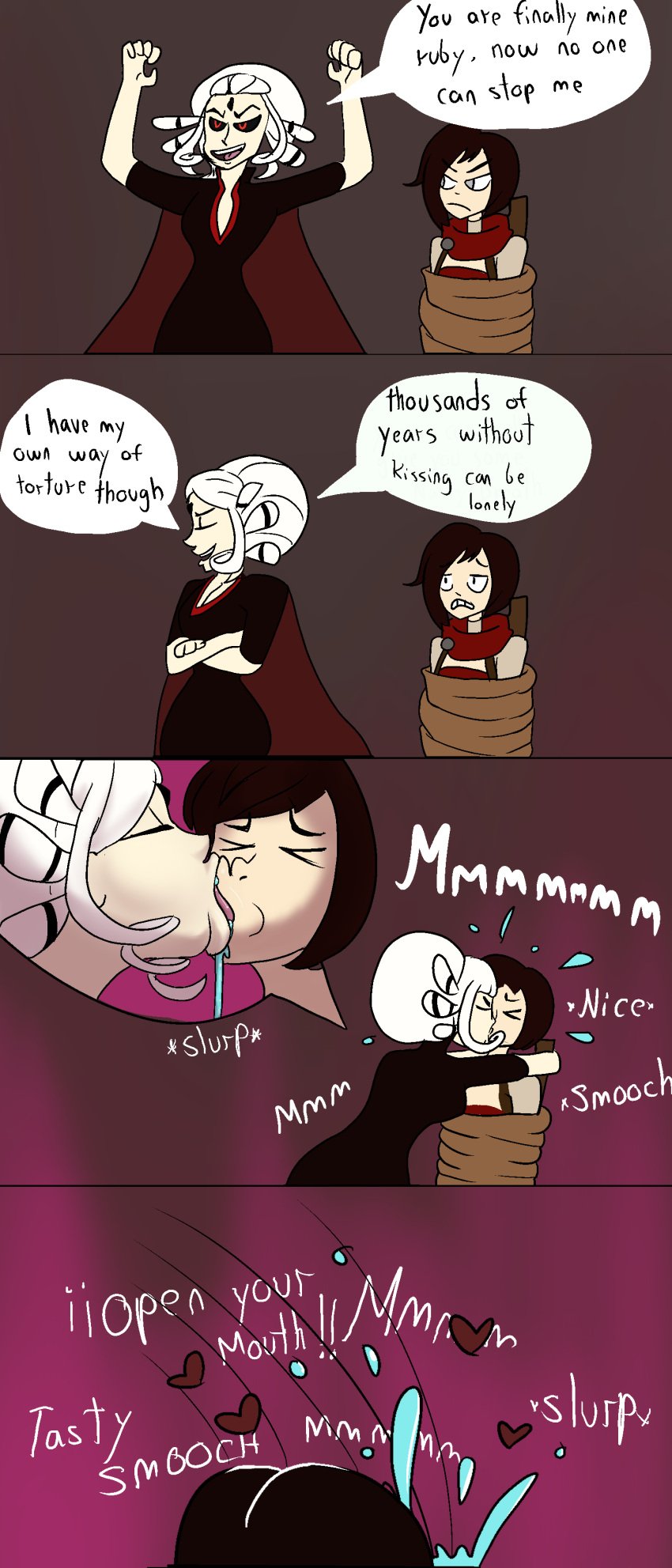 2girls adults black_dress black_hair chair comic dialogue female forced forced_kiss french_kiss french_kissing grey_eyes hearts kissing multiple_girls mwah pale-skinned_female pale_skin red_eyes ruby_rose rwby salem_(rwby) saliva scarf shippart short_hair sloppy_kiss smooch tied_up white_hair yuri