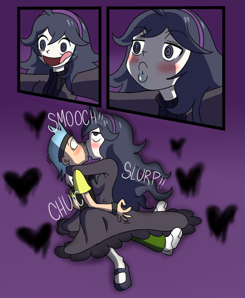 cowgirl_position dress eyebrows_visible_through_hair gagaxkon ghost hairband hex_maniac hug kiss kissing long_hair open_mouth pokemon pokemon_oras pokemon_rse pokemon_trainer purple_hairband saliva tongue tongue_out