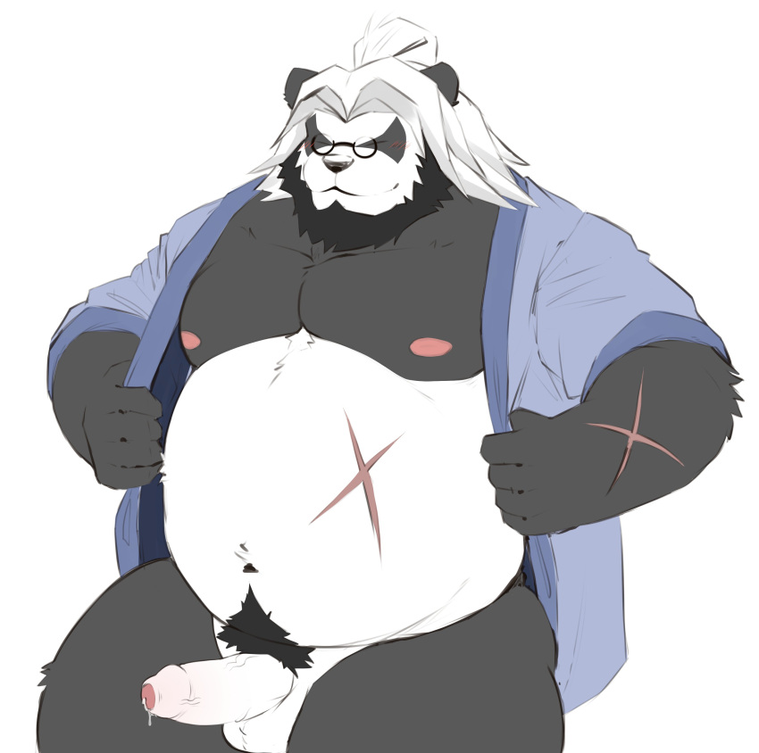 2022 absurd_res anthro balls belly big_belly black_body black_nose bodily_fluids erection eyewear genital_fluids genitals giant_panda glasses hi_res kajin-sama male mammal moobs navel nipples overweight overweight_male penis precum scar simple_background solo ursid white_body