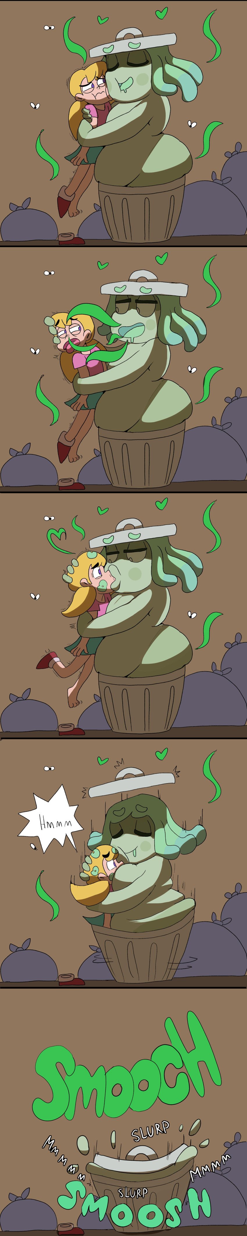 2girls bad_breath bear_hug bearhug blonde_hair brown_background chubby chubby_female disgusted_expression disgusted_look female/female flies_for_smell forced_kiss garbage garbage_bags green_body green_hair green_lipstick green_skin hot_garbage_(drawful-s) human implied_kiss kiss_mark lily_(superdude-g) lipstick lipstick_mark lipstick_marks lipstick_on_face monster_girl multiple_girls questionable_consent shippart shoes_removed smooch smooch_(sound_effect) smothering trash_can yuri