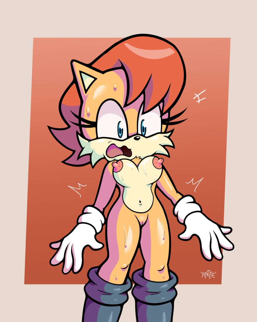 anthro big_breasts blue blue_boots blue_eyes boots chipmunk dark female female_only fur furry furry_female furry_only genitals hard_nipples hynite nervous_expression nervous_face nipples_outside open_mouth pussy red_hair sally_acorn solo sonic_(series) sonic_the_hedgehog_(archie) sonic_the_hedgehog_(comics) sonic_the_hedgehog_(series) squirrel standing suprised_expression suprised_eyes surprised sweat sweat_legs sweat_on_breasts sweating