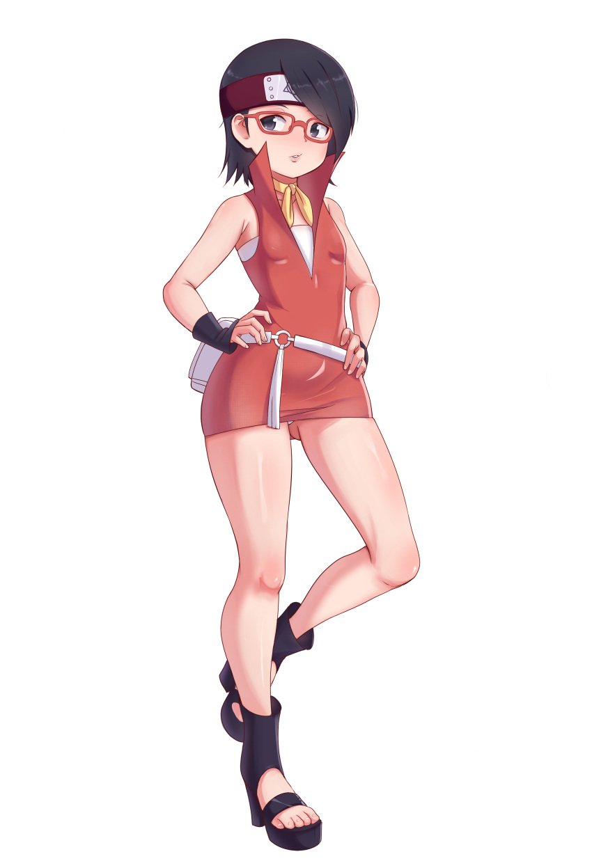 1girls 2022 alternate_costume ass ass_visible_through_thighs bare_arms bare_legs bare_shoulders belt black_eyes black_gloves black_hair boruto:_naruto_next_generations clothed clothing dress feet female female_focus female_only fingerless_gloves footwear forehead_protector fully_clothed glasses gloves hand_on_hip headband headwear heels high_heels legs light-skinned_female light_skin lips lipstick looking_to_the_side naruto naruto_(series) open_toe_shoes pale-skinned_female pale_skin panties petite pink_lips pink_lipstick pinup pose posing puckered_lips sarada_uchiha short_dress short_hair shounen_jump sleeveless sleeveless_dress small_breasts solo solo_female solo_focus standing toes triagorodri_(artist) tubetop white_panties wide_hips