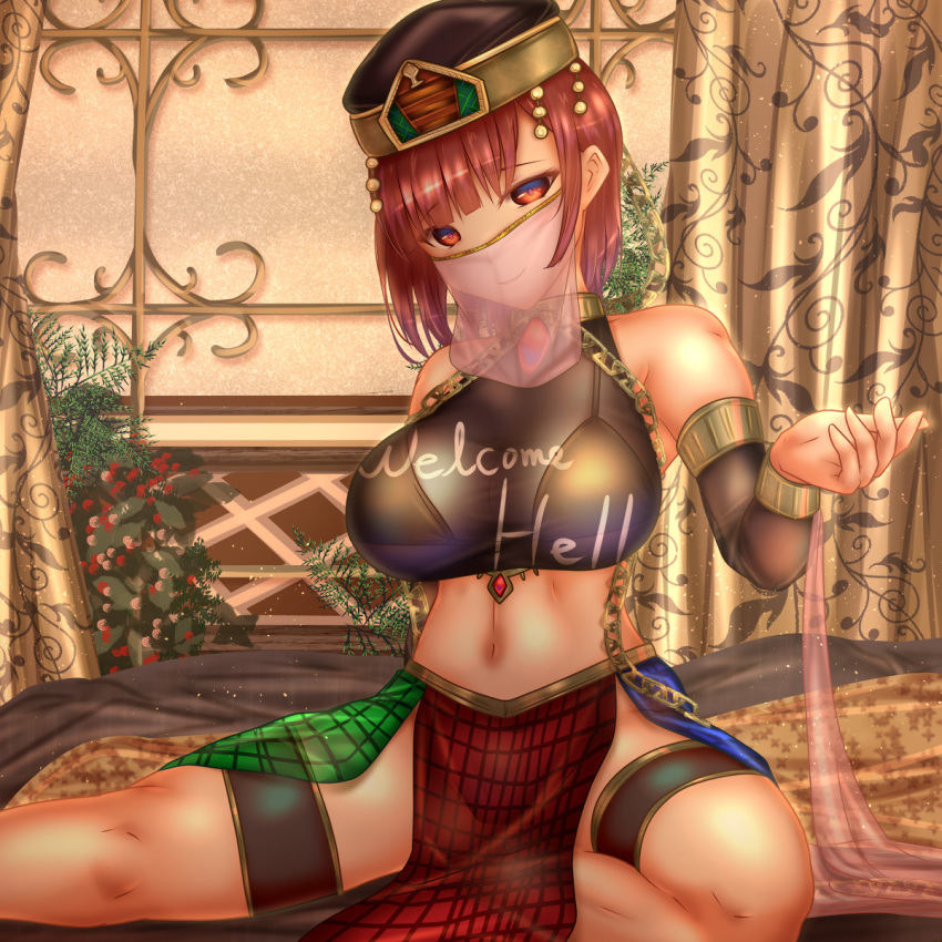 alternate_costume alternate_outfit arabian arabian_clothes belly_button chains harem_girl harem_outfit hecatia_lapislazuli islamic_architecture jewelry middle_eastern middle_eastern_clothing mouth_veil persian_clothing pink_veil red_hair shounen_(hogehoge) shounen_f sitting submissive touhou veil