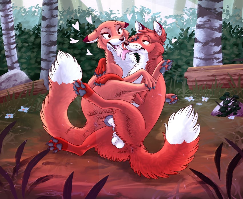 absurd_res anatomically_correct anatomically_correct_genitalia animal_genitalia animal_penis animal_pussy anus balls canid canine canine_penis canine_pussy canon_couple day detailed_background digital_media_(artwork) dipstick_tail disney duo embrace eyelashes female feral feral_on_feral fluffy fluffy_tail fox furry genitals hi_res hug knot knotting licking lying male male/female male_penetrating mammal markings nature on_side open_mouth pawpads paws penetration penis plant pussy queenkoko romantic tail_markings the_fox_and_the_hound tod_(fath) tongue tongue_out tree vixey