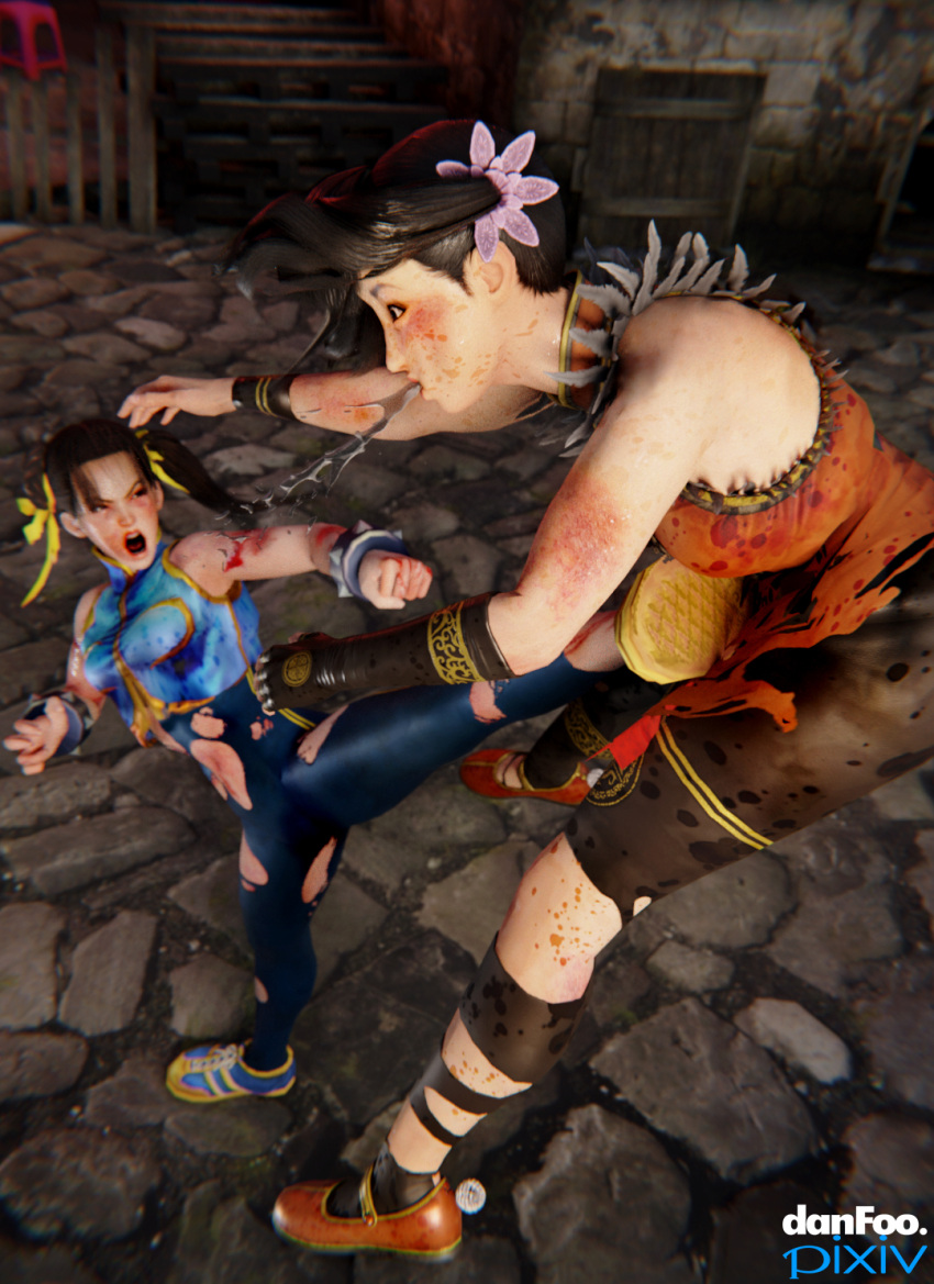 2girls 3d airborne angry angry_face asian asian_female black_hair blood bruise bruise_on_face bruised bruises capcom cheongsam chinese_clothes chinese_dress chun-li danfoo female female_only fighting hair hair_ornament kick kicking ling_xiaoyu pain ribbon ripped_clothing ryona saliva saliva_trail shocked spit street_fighter street_fighter_x_tekken surprise surprised sweatpants tekken tekken_7 tekken_x_street_fighter torn_clothes torn_clothing twintails