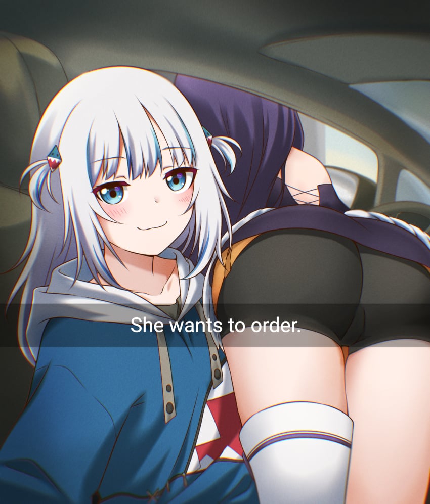 2022 2girls ass ass_focus asymmetrical_legwear bangs big_ass bike_shorts blue_eyes blue_hair blush car collarbone female female_focus female_only gawr_gura hair_ornament he_wants_to_order highres hololive hololive_english hololive_myth hoodie inside_car jan_azure looking_at_viewer meme multicolored_hair ninomae_ina'nis pigtails purple_hair pussy_visible_through_clothes single_thighhigh smile smug thighs twintails two_tone_hair virtual_youtuber white_hair