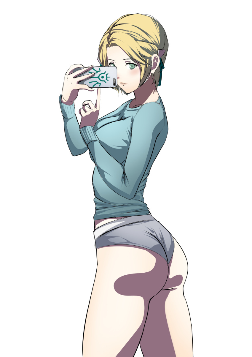 1girls ass blonde_hair crest_(fe3h) excaliblader female female_only fire_emblem fire_emblem:_three_houses green_eyes ingrid_brandl_galatea nintendo posing post-timeskip selfie short_hair simple_background smartphone taking_picture thighs white_background