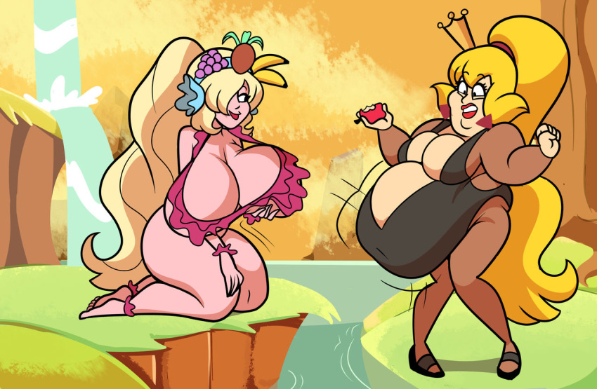 attribute_swap big_belly big_breasts blonde_hair breasts crown dragon's_lair eve_(dragon's_lair) fruit fruit_hat overweight overweight_female ponytail princess_daphne red_lipstick superspoe thick_thighs weight_gain weight_loss