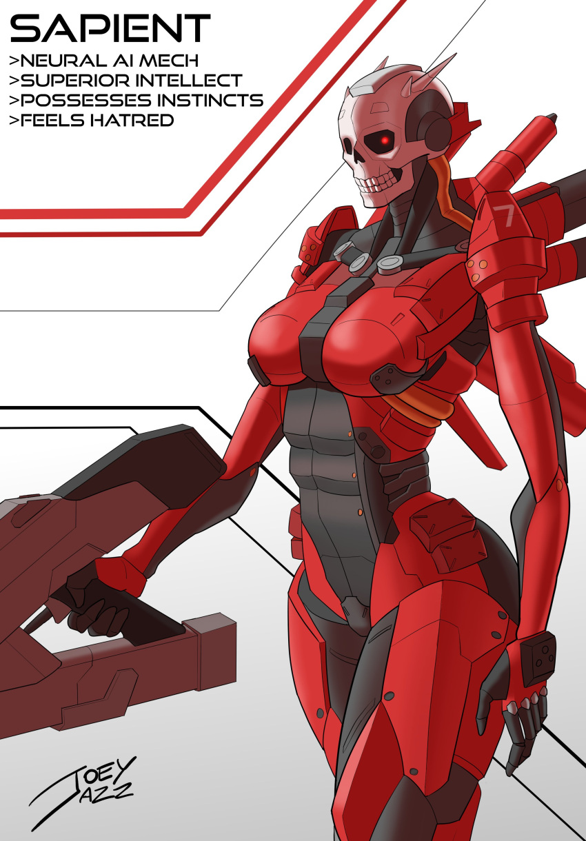 armor artist_signature big_breasts biomechanical breasts female female_only fingers joeyjazzarts_(artist) label machine mechanical number red_armor red_eyes robot_girl robot_humanoid sapient_(character) simple_background skull_head text thighs toned toned_female weapon