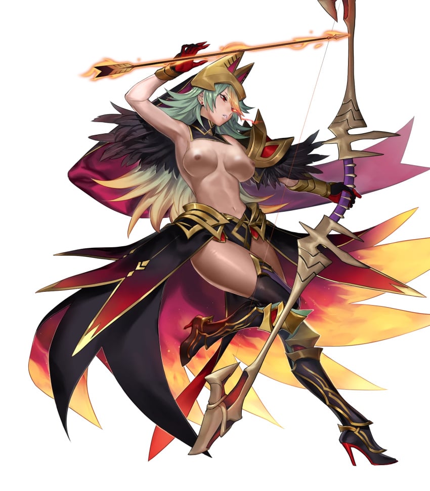 1girls alternate_costume alternate_hairstyle alternate_version_available armpits arrow bare_midriff bare_thighs biggitybiggitybig boots bow_(weapon) breasts dark-skinned_female dark_skin earrings edit female female_only fire fire_emblem fire_emblem_heroes gloves green_hair headwear high_heels laegjarn_(fire_emblem) laegjarn_(flame_ascendant)_(fire_emblem) large_breasts long_hair midriff multicolored_hair nintendo nipples nude_edit nude_filter official_alternate_costume official_alternate_hairstyle red_eyes solo thigh_boots thighs topless transparent_background very_long_hair weapon