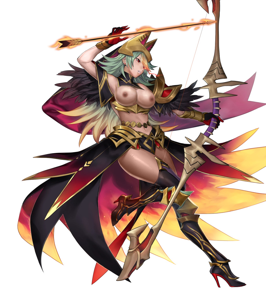 1girls alternate_costume alternate_hairstyle alternate_version_available armpits arrow bare_midriff bare_thighs biggitybiggitybig boots bow_(weapon) breasts breasts_out dark-skinned_female dark_skin earrings edit female female_only fire fire_emblem fire_emblem_heroes gloves green_hair headwear high_heels laegjarn_(fire_emblem) laegjarn_(flame_ascendant)_(fire_emblem) large_breasts long_hair midriff multicolored_hair nintendo nipples nude nude_edit nude_female nude_filter official_alternate_costume official_alternate_hairstyle red_eyes solo thigh_boots thighs transparent_background very_long_hair weapon