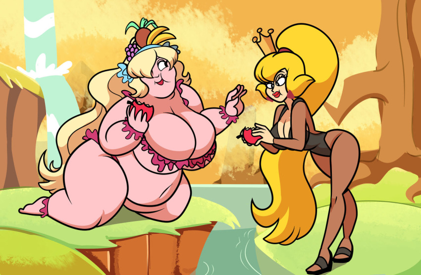 attribute_swap big_belly big_breasts blonde_hair breasts crown don_bluth dragon's_lair eve_(dragon's_lair) fruit fruit_hat overweight overweight_female ponytail princess_daphne red_lipstick superspoe thick_thighs transformation_sequence weight_gain