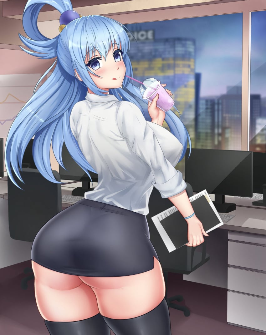 1girls aqua_(konosuba) aqua_eyes aqua_hair ass black_legwear black_microskirt black_miniskirt black_thighhighs blue_eyes dat_ass female female_only huge_breasts iosiflist kono_subarashii_sekai_ni_shukufuku_wo! legwear long_hair microskirt miniskirt office pencil_skirt ponytail shirt solo solo_female thighhighs