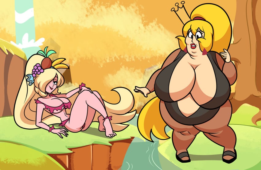 attribute_swap big_belly big_breasts blonde_hair breasts crown don_bluth dragon's_lair eve_(dragon's_lair) flower_bikini fruit fruit_hat garden_of_eden overweight overweight_female partially_clothed ponytail princess_daphne red_lipstick superspoe swap thick_thighs weight_gain weight_loss