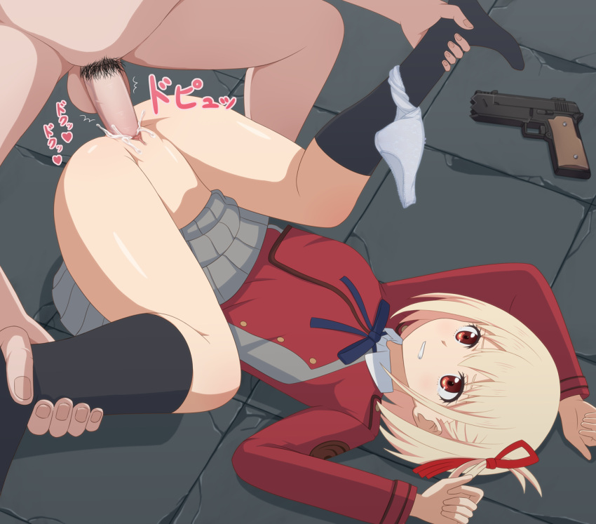 1boy 1girls bangs black_socks blonde_hair blue_ribbon bob_cut censored clenched_teeth clothed_female_nude_male clothed_sex clothing collared_shirt commentary_request cum cum_in_pussy cum_inside dress female grey_dress gun hair_ribbon handgun haniwa_(kiminozorazio) highres kneehighs lycoris_recoil lycoris_uniform lying male male_pubic_hair neck_ribbon nishikigi_chisato nude on_back open_mouth panties panties_around_one_leg penetration penis pleated_dress pubic_hair pussy rape red_dress red_eyes red_ribbon ribbon school_uniform sex shadow shirt short_hair socks solo_focus spread_legs straight teeth translation_request two-tone_dress underwear vaginal_penetration weapon white_panties white_shirt