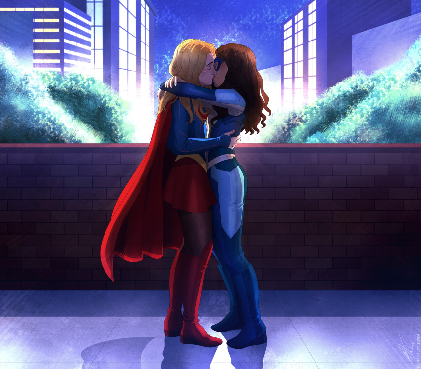 2girls arrowverse blonde_hair brown_hair dc dc_comics dreamer_(supergirl) female female/female female_only hugging kara_danvers kara_zor-el kiss kissing lesbian_kiss nia_nal supergirl supergirl_(series) superheroine yuri