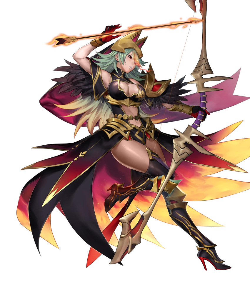 1girls alternate_costume alternate_hairstyle alternate_version_available armpits arrow bare_midriff bare_thighs biggitybiggitybig boots bow_(weapon) breasts cleavage dark-skinned_female dark_skin earrings edit female female_only fire fire_emblem fire_emblem_heroes gloves green_hair headwear high_heels laegjarn_(fire_emblem) laegjarn_(flame_ascendant)_(fire_emblem) large_breasts long_hair midriff multicolored_hair nintendo nude nude_female nude_filter official_alternate_costume official_alternate_hairstyle pelvic_curtain red_eyes solo thigh_boots thighs transparent_background very_long_hair weapon