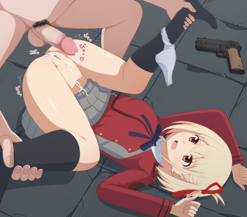 1boy after_sex after_vaginal bangs black_socks blonde_hair blue_ribbon bob_cut censored clothed_female_nude_male collared_shirt commentary_request cum cum_in_pussy cum_on_body cum_on_clothes dress female grey_dress gun hair_ribbon handgun haniwa_(kiminozorazio) highres kneehighs lycoris_recoil lycoris_uniform lying male_pubic_hair neck_ribbon nishikigi_chisato nude on_back open_mouth panties panties_around_one_leg penis pleated_dress pubic_hair pussy rape red_dress red_eyes red_ribbon ribbon school_uniform shadow shirt short_hair socks solo_focus straight teeth translation_request two-tone_dress underwear upper_teeth vaginal_penetration weapon white_panties white_shirt