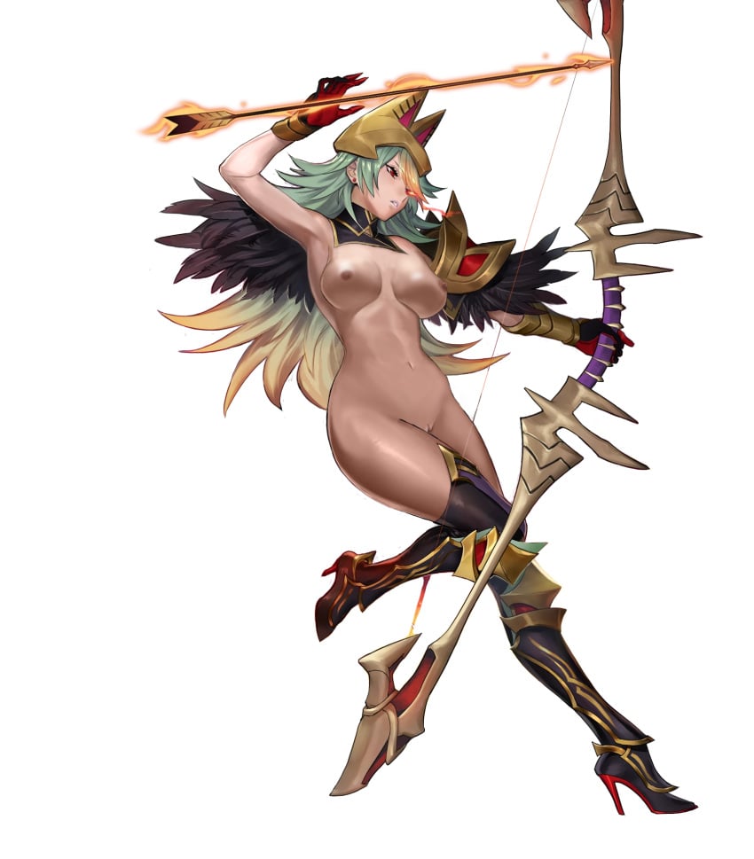 1girls alternate_costume alternate_hairstyle alternate_version_available armpits arrow bare_midriff bare_thighs biggitybiggitybig boots bow_(weapon) breasts dark-skinned_female dark_skin earrings edit female female_only fire fire_emblem fire_emblem_heroes gloves green_hair headwear high_heels laegjarn_(fire_emblem) laegjarn_(flame_ascendant)_(fire_emblem) large_breasts long_hair midriff multicolored_hair naked_boots naked_footwear nintendo nipples nude nude_edit nude_female nude_filter official_alternate_costume official_alternate_hairstyle p-nekor red_eyes solo thigh_boots thighs transparent_background very_long_hair weapon