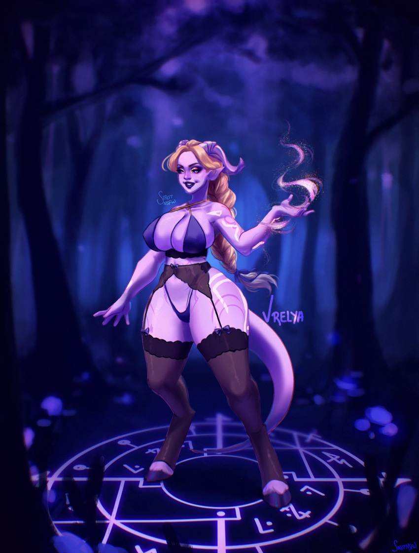 1girls 2021 big_breasts blizzard_entertainment blonde_hair braid commission detailed_background draenei female female_only forest forest_background full_body garter_belt garter_straps hi_res hooves horns lightforged_draenei lingerie long_hair pointy_ears purple_skin sirot_nsfw solo solo_female stockings summoning_circle tail thick_thighs thong vrelya warcraft world_of_warcraft