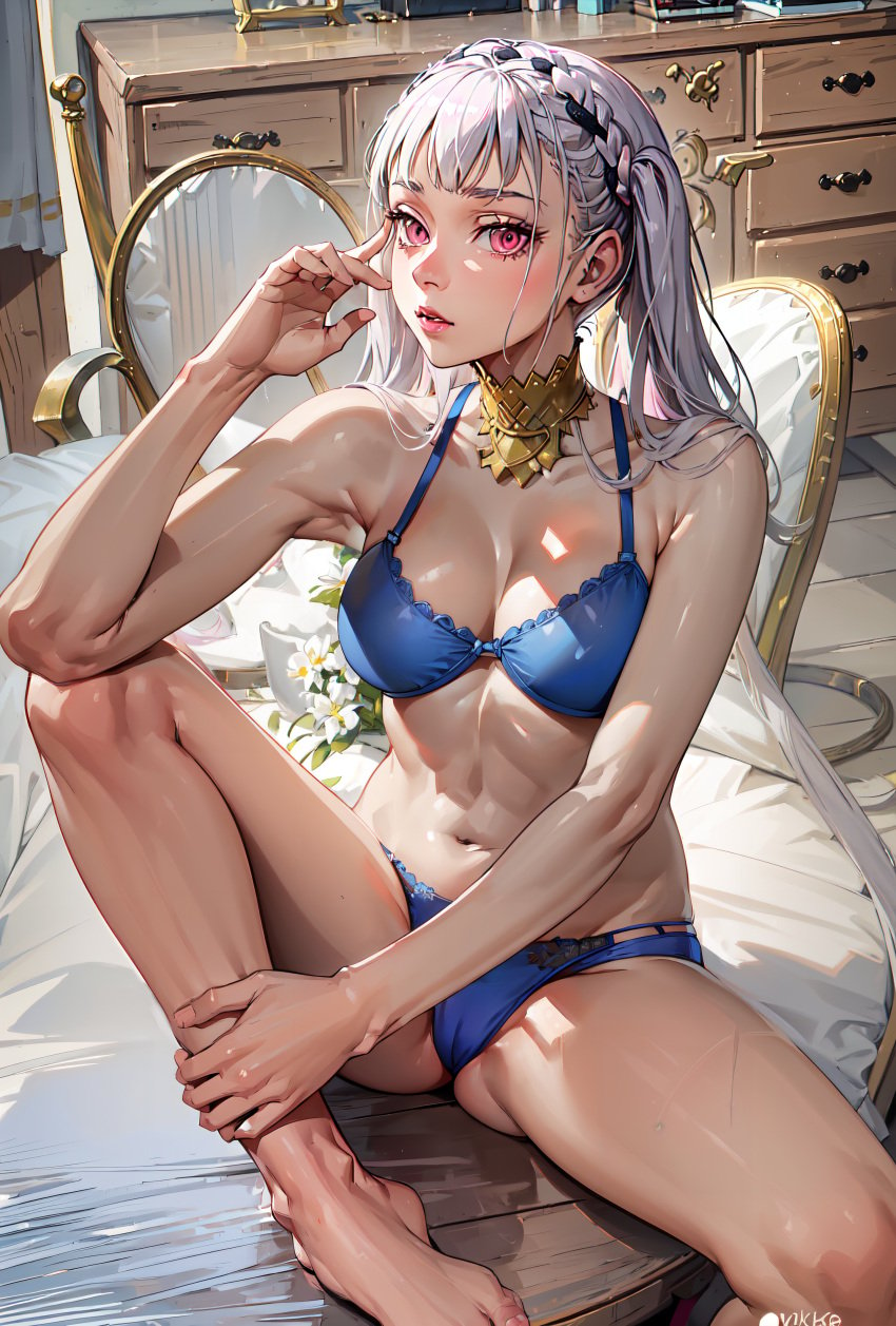 1girls ai_generated black_clover blue_hair choker cute female female_only lingerie noelle_silva petite playfulslothh silver_hair sitting slim solo spread_legs teenager twintails