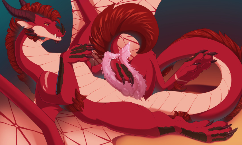 5:3 absurd_res animal_genitalia animal_penis bedroom_eyes bodily_fluids claws digital_media_(artwork) diphallia diphallism dragon entropy_(billeur) erection feral fur genital_fluids genitals hemipenes hi_res hindpaw horn jellyntical knot looking_at_viewer lying male male_only membrane_(anatomy) membranous_wings multi_genitalia multi_penis narrowed_eyes paws penile penis pink_penis precum prehensile_penis presenting presenting_penis quadruped red_body red_fur red_scales scales scalie seductive simple_background smile solo spreading tan_body tan_scales tapering_penis western_dragon wings