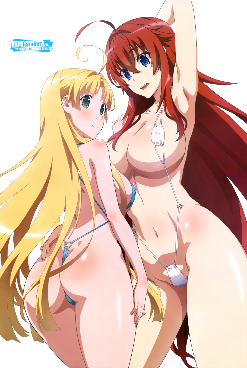 2girls asia_argento big_breasts blonde_hair blue_eyes cleavage demon_girl erect_nipples female female_only green_eyes high_school_dxd koikawa_shinpei large_breasts long_hair mg_renders micro_bikini official_art png red_hair render rias_gremory sideboob sling_bikini smiling transparent_background wide_hips