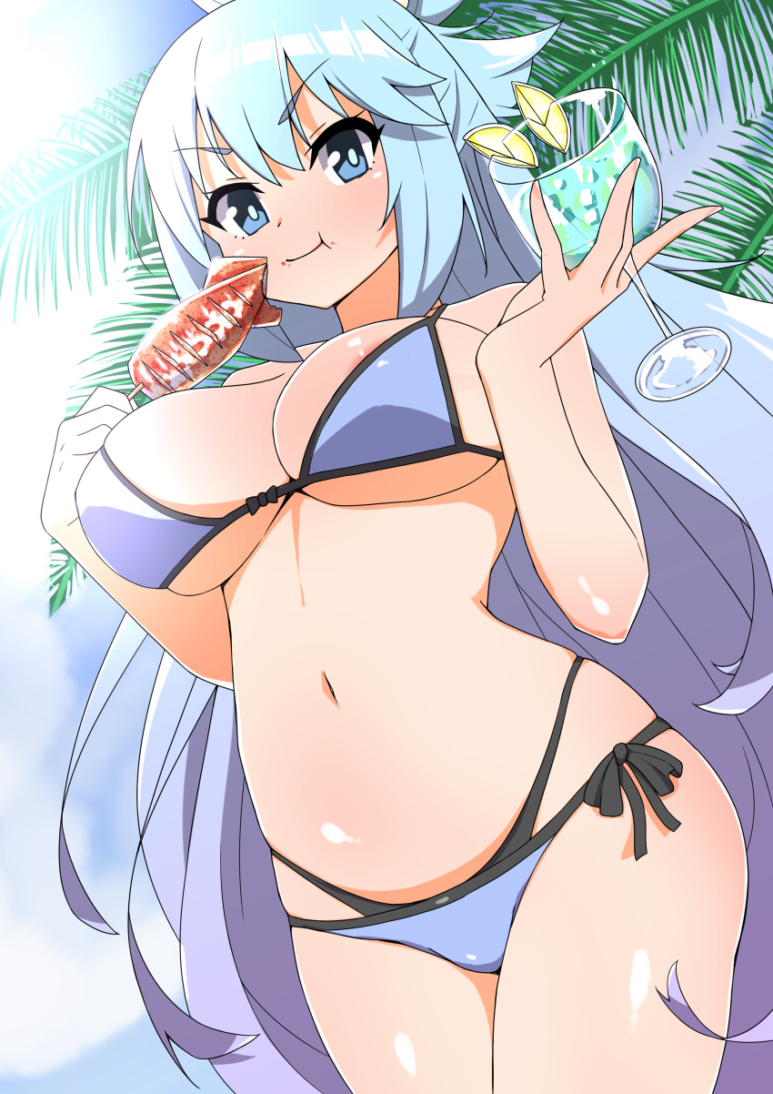 aqua_(konosuba) aqua_eyes aqua_hair big_breasts bikini eating kono_subarashii_sekai_ni_shukufuku_wo! long_hair ponytail tagme toukaaa