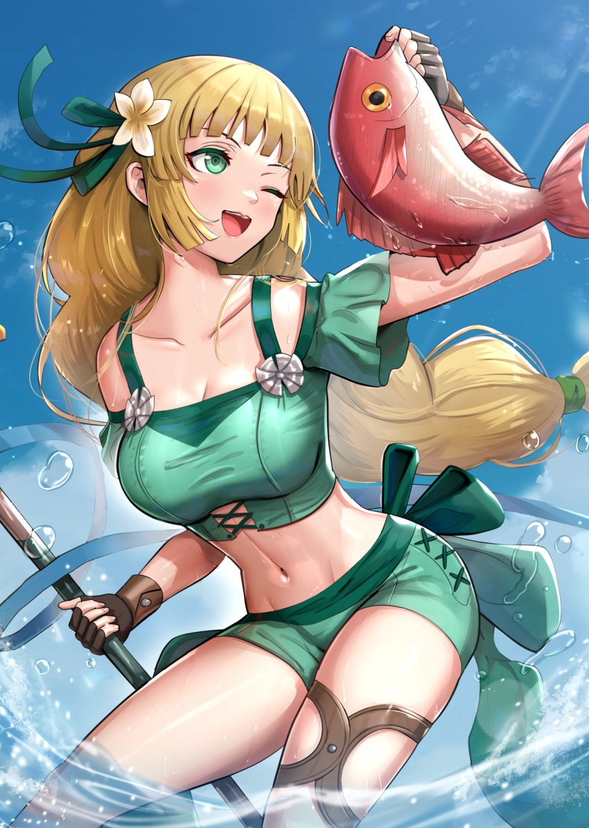 1girls ;d absurdres alternate_costume animal bangs bare_midriff bare_thighs belly bikini bikini_shorts black_gloves blonde_hair blue_bikini blue_sky blunt_bangs braid braided_hair breasts cleavage cloud clouds collarbone commentary day female female_only fingerless_gloves fire_emblem fire_emblem:_three_houses fire_emblem_heroes fish fishing from_below gloves gonzarez green_bikini green_eyes green_swimsuit highres holding holding_animal holding_fish in_water ingrid_brandl_galatea ingrid_brandl_galatea_(summer) leaning_forward long_hair medium_breasts midriff navel nintendo ocean off-shoulder_bikini off_shoulder official_alternate_costume one_eye_closed open_mouth outdoors partially_submerged revision scales sea short_shorts short_sleeves shorts sky smile solo splash splashing standing standing_in_water standing_up stomach swimsuit thigh_strap thighs very_long_hair water wet wink