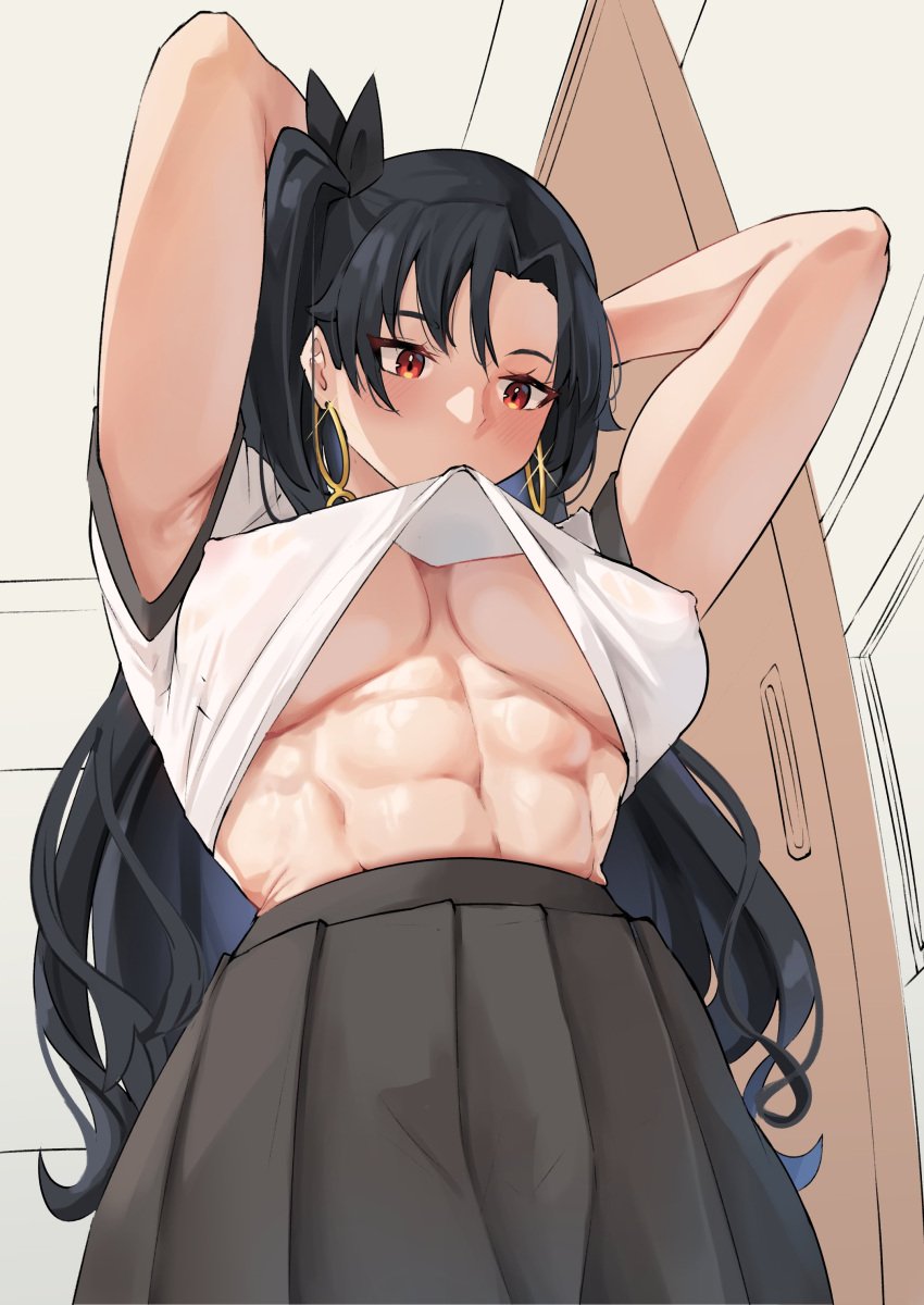 1girls abs armpit armpits arms_up belly belly_button big_earrings black_hair blush blushing breasts cromwellb dark_hair earring earrings fate/grand_order fate_(series) female female_only fit fit_female goddess golden_earrings ishtar_(fate) jewelry large_breasts long_hair looking_down muscles muscular muscular_female nipple_bulge nipples nipples_visible_through_clothing orange_eyes see-through see-through_clothing see-through_shirt see-through_top see_through skirt toned toned_female tummy underboob waist