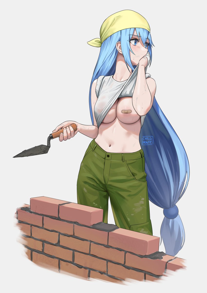 1girls aqua_(konosuba) aqua_eyes aqua_hair areolae bandaid bandaids_on_nipples big_breasts blue_hair blush breasts brick_wall bricks building carlo_montie construction_site exposed_breasts female female_only flashing flashing_breasts highres kono_subarashii_sekai_ni_shukufuku_wo! large_breasts light-skinned_female long_hair looking_away navel nipples no_bra pants ponytail see-through see-through_clothing shirt solo stomach sweating sweats trowel very_long_hair wet_clothes white_background wiping_sweat wiping_with_shirt